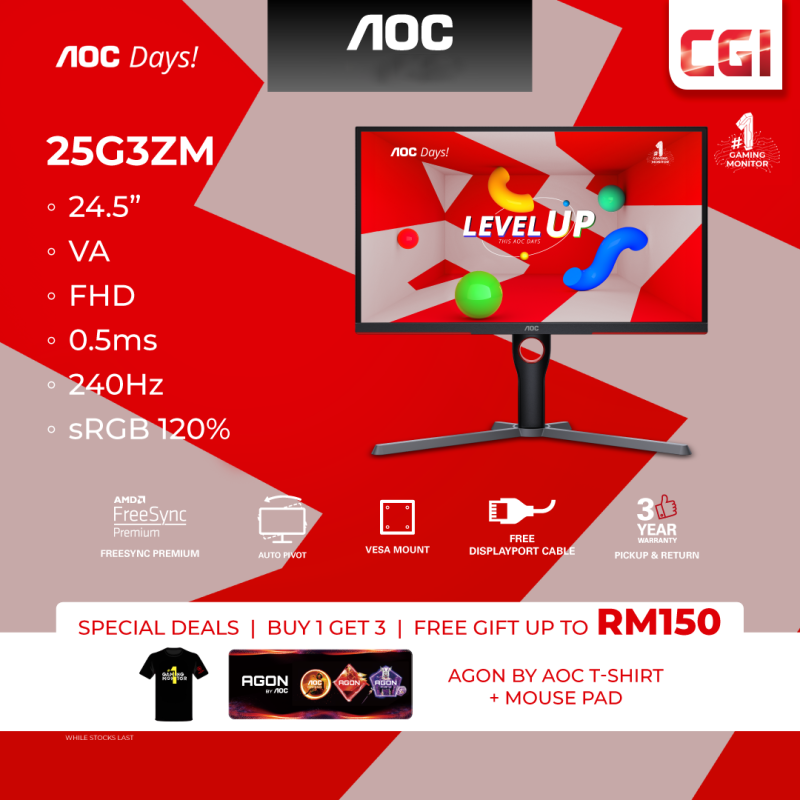 AOC 24.5" 25G3ZM VA FHD Freesync Premium Adaptive Sync 240Hz 0.5ms Frameless Ergonomic Gaming Monitor