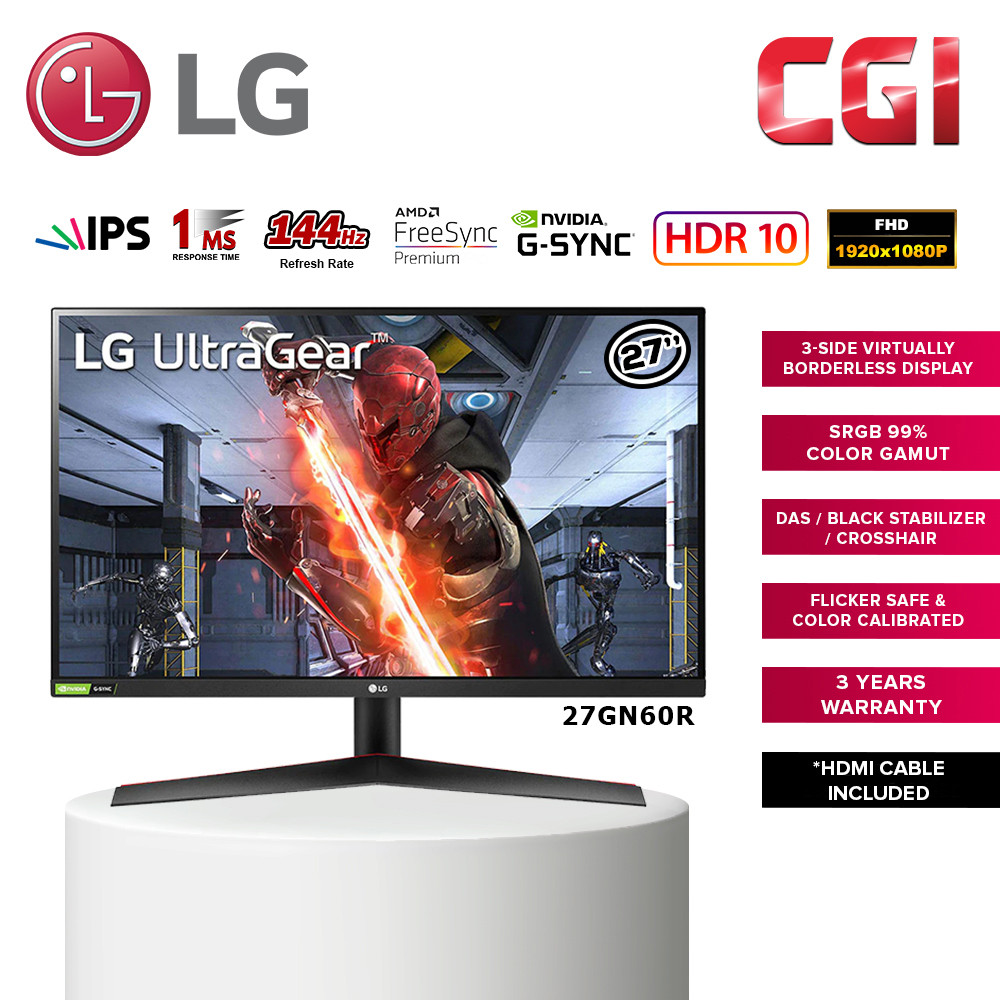 LG 27GN60R 27? UltraGear™ 144Hz Full HD IPS 1ms (GtG) Gaming Monitor with NVIDIA? G-SYNC? Compatible