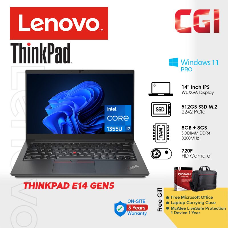 Lenovo 14" Thinkpad E14 Gen 5 Laptop Intel i7-1355U 16GB 512GB W11P WUXGA IPS With Office 3Y Onsite