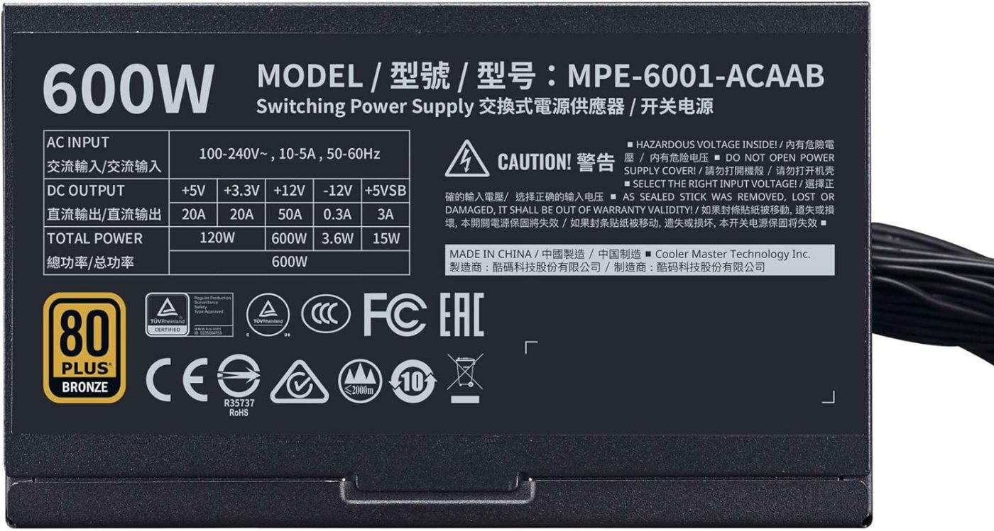 Cooler Master MWE 600 Bronze V2 230V 80 Plus 600W 1500 RPM Power Supply - MPE-6001-ACABW-B