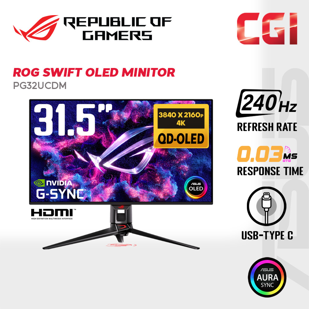 Asus 31.5" ROG Swift OLED PG32UCDM QD-OLED 4K 240Hz 0.03ms G-Sync HDR400 Delta E<2 USB-C Gaming Monitor