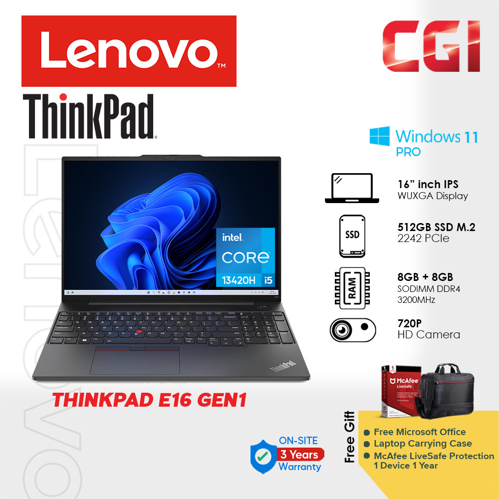 Lenovo 16" Thinkpad E16 Gen 1 Laptop Intel i5-13420H 16GB 512GB W11P WUXGA IPS With Office 3Y Onsite