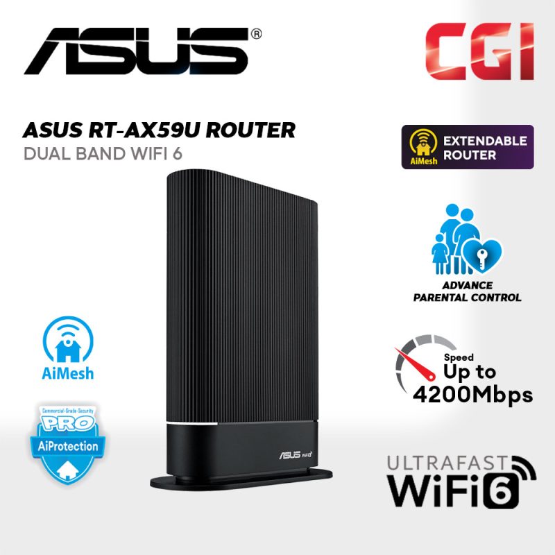 Asus RT-AX59U AX4200 Dual Band Quad Core WiFi 6 4200 Mbps AiProtection Pro VPN AiMesh Router