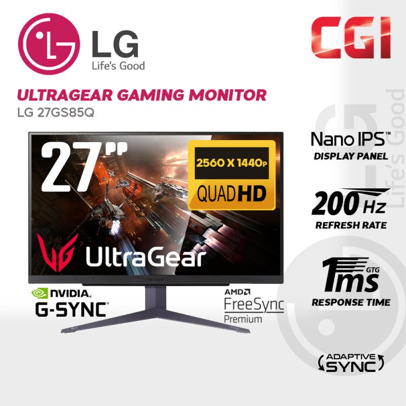 LG 27" Ultragear 27GS85Q Nano IPS QHD 200Hz 1ms Display HDR400 G-Sync Freesync Ergonomic Borderless Gaming Monitor
