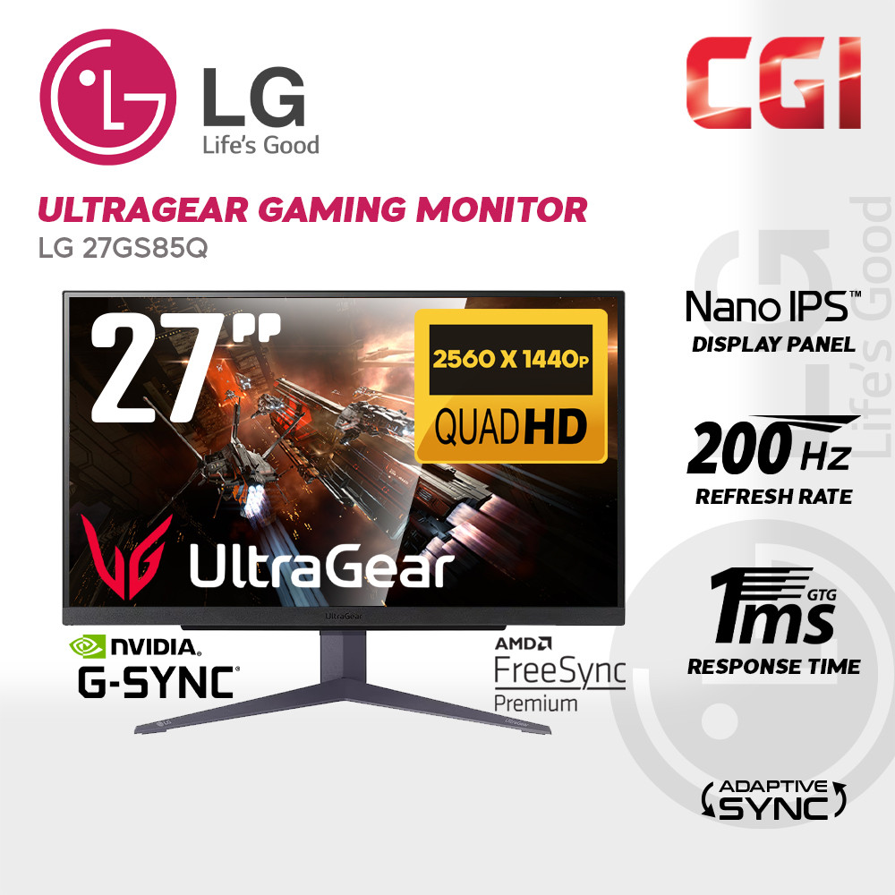 LG 27" Ultragear 27GS85Q Nano IPS QHD 200Hz 1ms Display HDR400 G-Sync Freesync Ergonomic Borderless Gaming Monitor