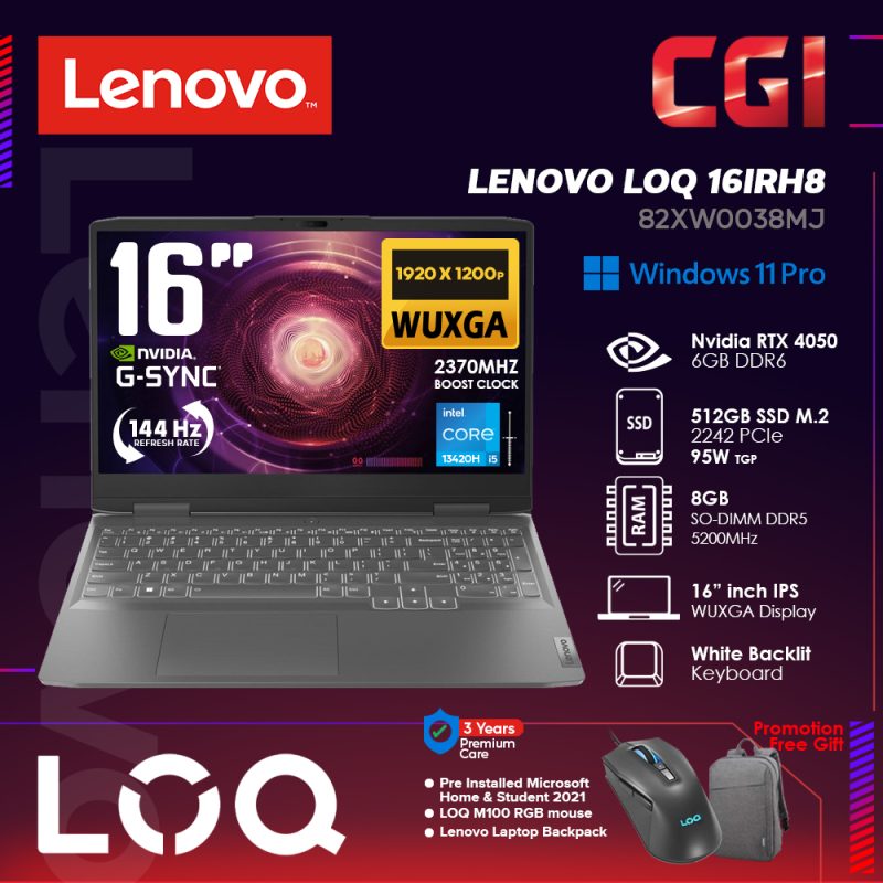 Lenovo 16" LOQ 16IRH8 i5-13420H RTX 4050 6GB GDDR6 95W 2370MHz 8GB 512GB 16" WUXGA IPS 144Hz GSync W11H With Office 3Y Premium Care - 82XW0038MJ