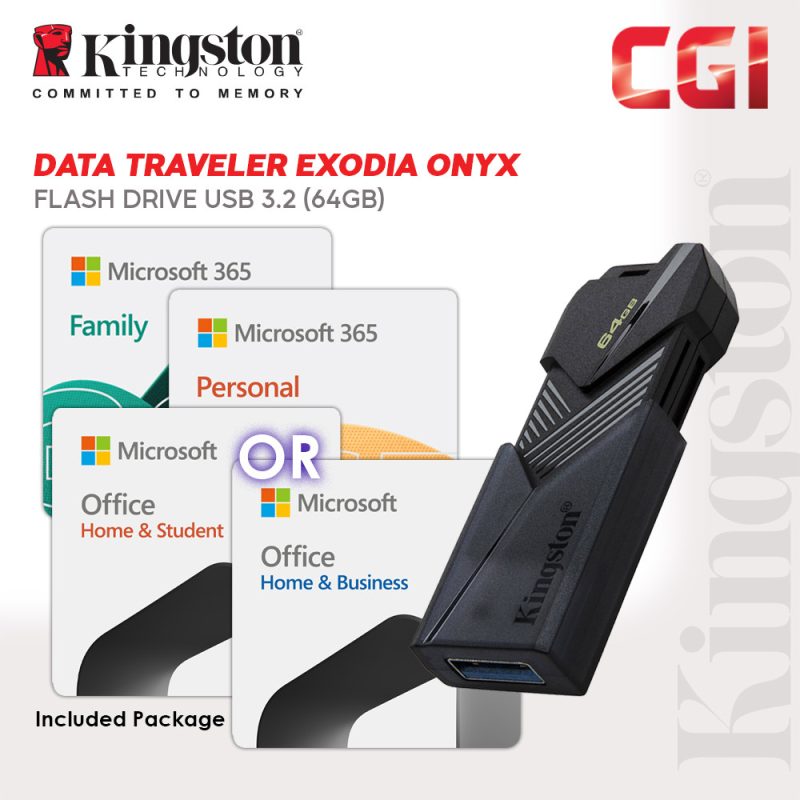 Kingston Data Traveler Exodia Onyx 64GB Flash Drive with Microsoft Office 365 Family USB Bundle