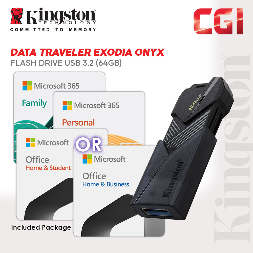 Kingston Data Traveler Exodia Onyx 64GB Flash Drive with Microsoft Office 365 Family USB Bundle