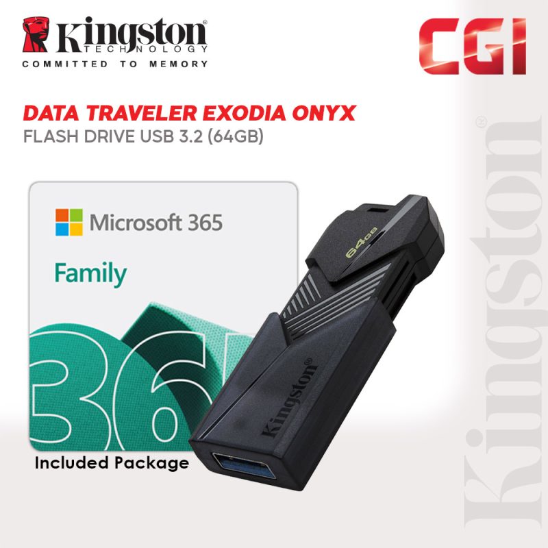 Kingston Data Traveler Exodia Onyx 64GB Flash Drive with Microsoft Office 365 Family USB Bundle