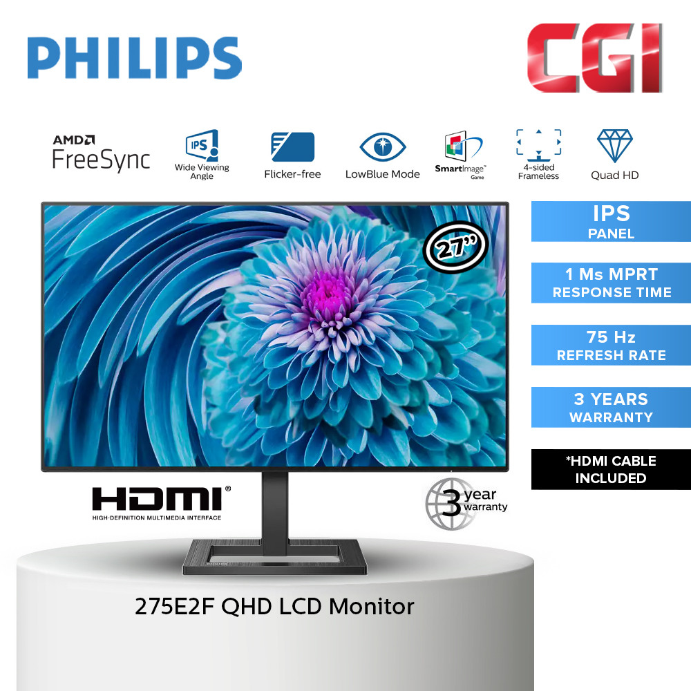 Philips 27" 275E2F IPS QHD 75Hz 1ms AMD Freesync Frameless Monitor