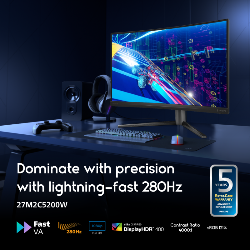 Philips 27" 27M2C5200W Evnia 5000 Fast VA FHD HDR10 Adaptive Sync 280Hz 0.3ms Compact ErgoBase Curved Gaming Monitor
