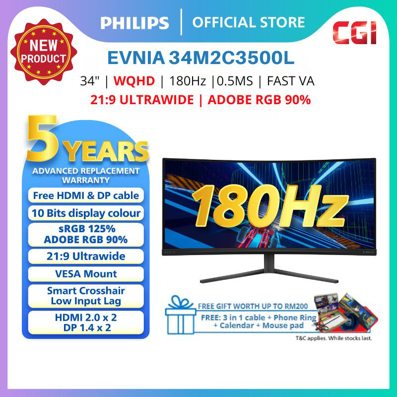 Philips 34" 34M2C3500L Evnia 3000 Fast VA WQHD 180Hz 0.5ms Ultrawide Curved Gaming Monitor