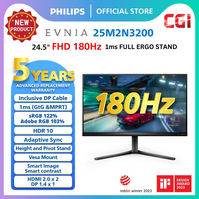 Philips 24.5" 25M2N3200 Evnia IPS FHD HDR10 Adaptive Sync 180Hz 1ms Compact Ergo Gaming Monitor
