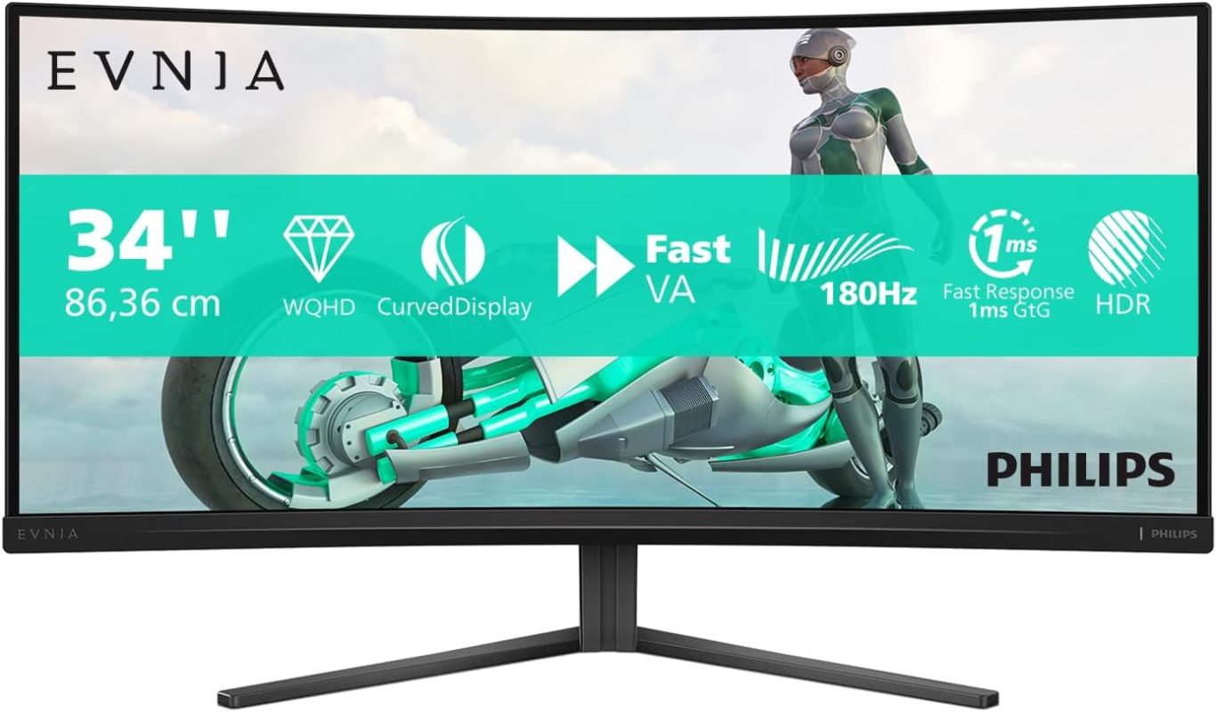 Philips 34" 34M2C3500L Evnia 3000 Fast VA WQHD 180Hz 0.5ms Ultrawide Curved Gaming Monitor