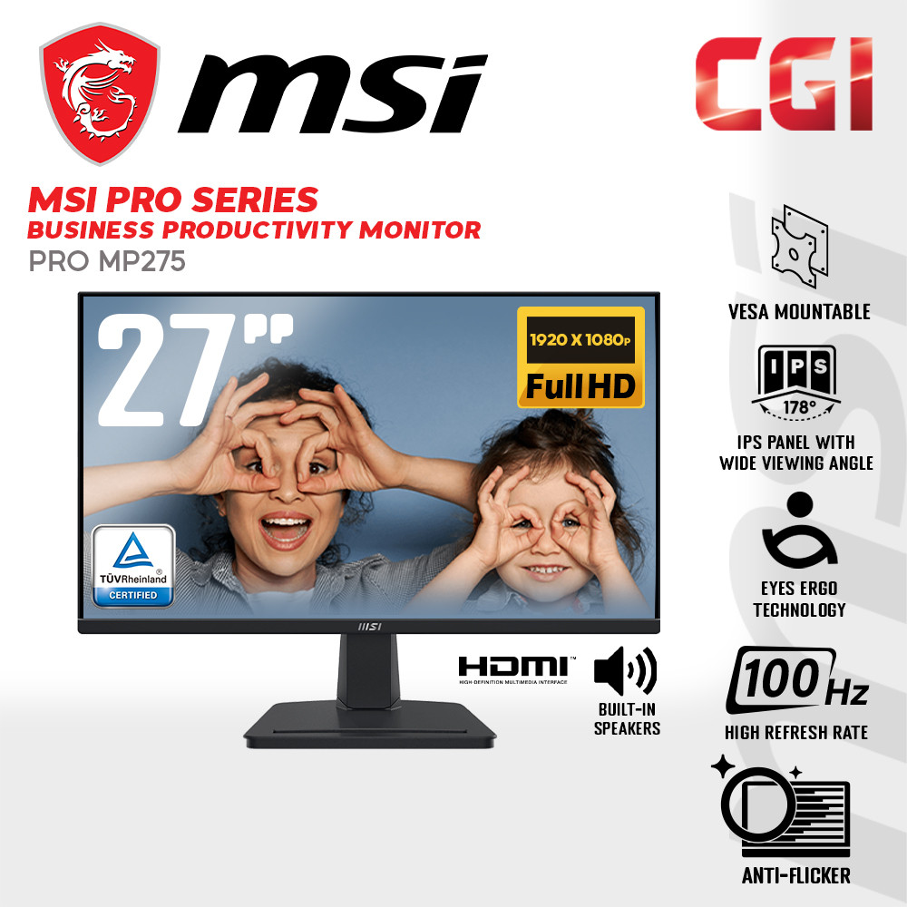 MSI 27'' Pro MP275 IPS FHD Adaptive Sync 100Hz 1ms EyesErgo Speaker Business Productivity Monitor