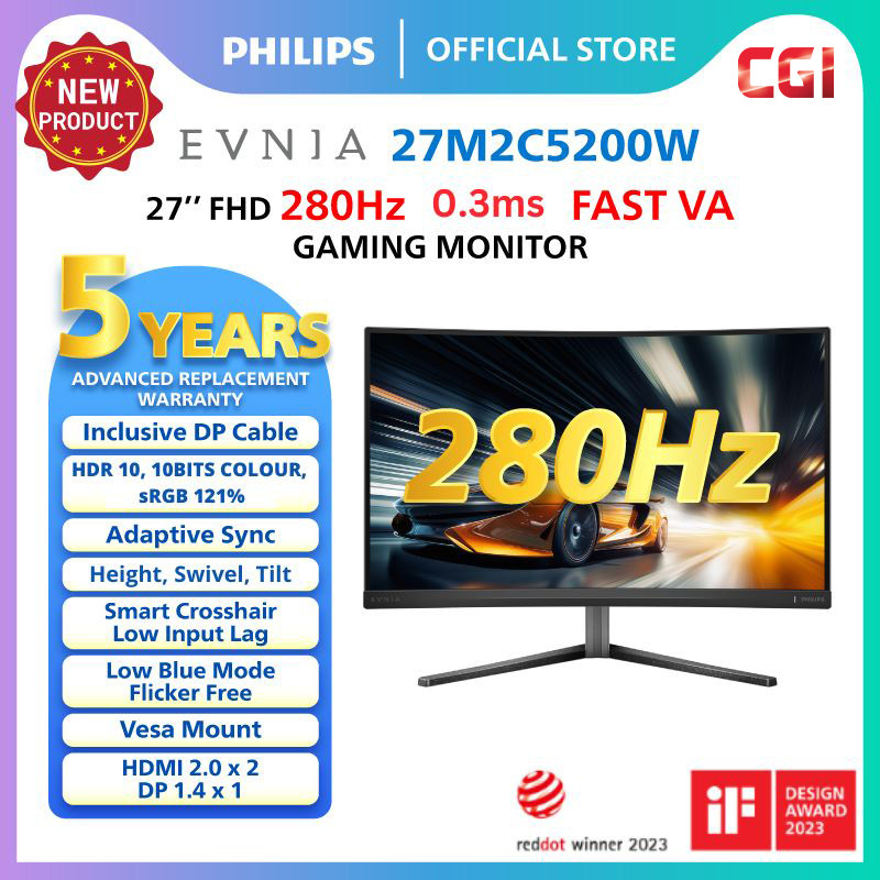Philips 27" 27M2C5200W Evnia 5000 Fast VA FHD HDR10 Adaptive Sync 280Hz 0.3ms Compact ErgoBase Curved Gaming Monitor