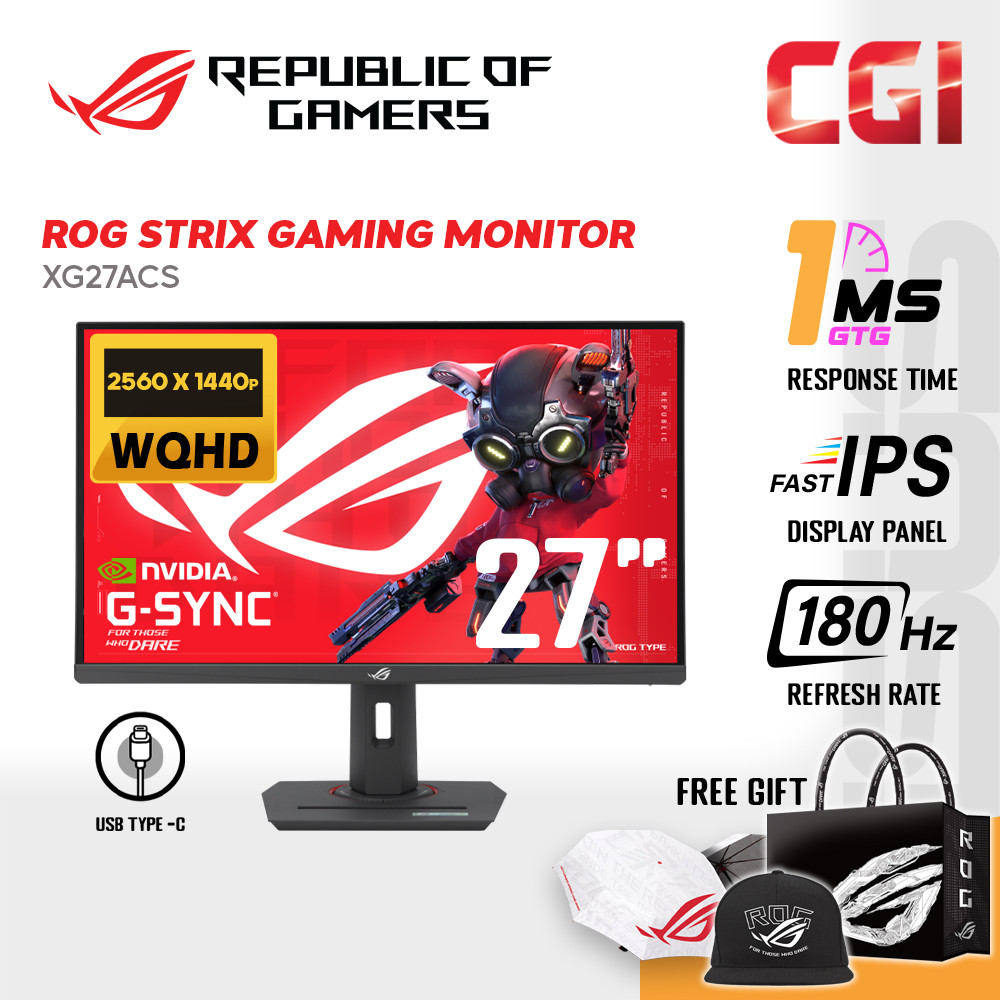 Asus 27" ROG Strix XG27ACS Fast IPS WQHD HDR400 GSync Adaptive Sync 180Hz 1ms Type C Ergonomic Gaming Monitor
