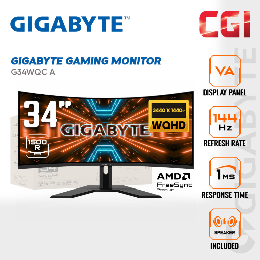Gigabyte 34" G34WQC A VA QHD HDR400 Freesync Premium Adaptive Sync 180Hz 1ms c Built-In Speaker HAS Curved Gaming Monitor