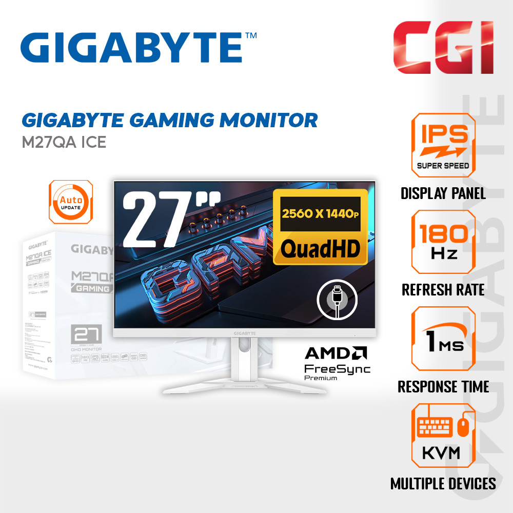Gigabyte 27" M27QA Ice SuperSpeed IPS QHD HDR400 Freesync Adaptive Sync 180Hz 1ms Ergonomic Gaming Monitor