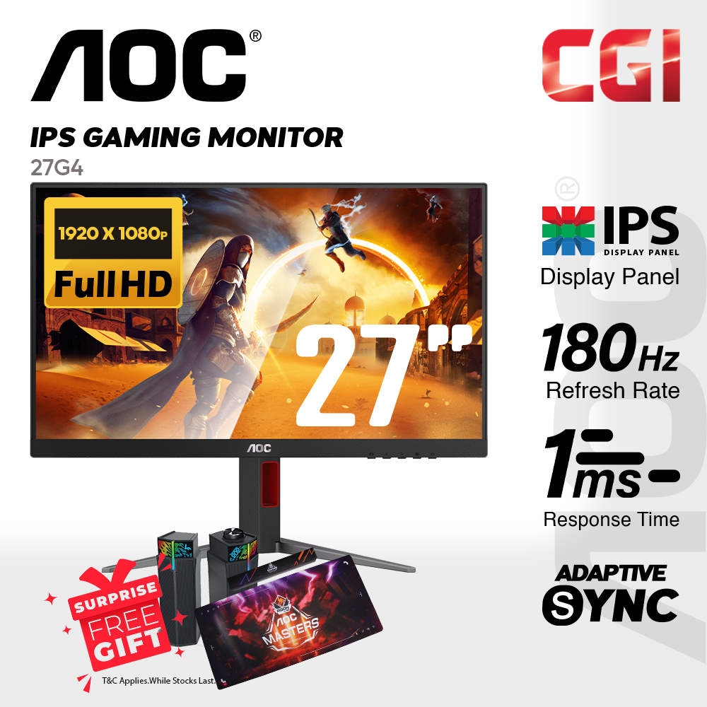 AOC 27" 27G4 Fast IPS FHD HDR10 Adaptive Sync 180Hz 1ms Ergonomic Gaming Monitor