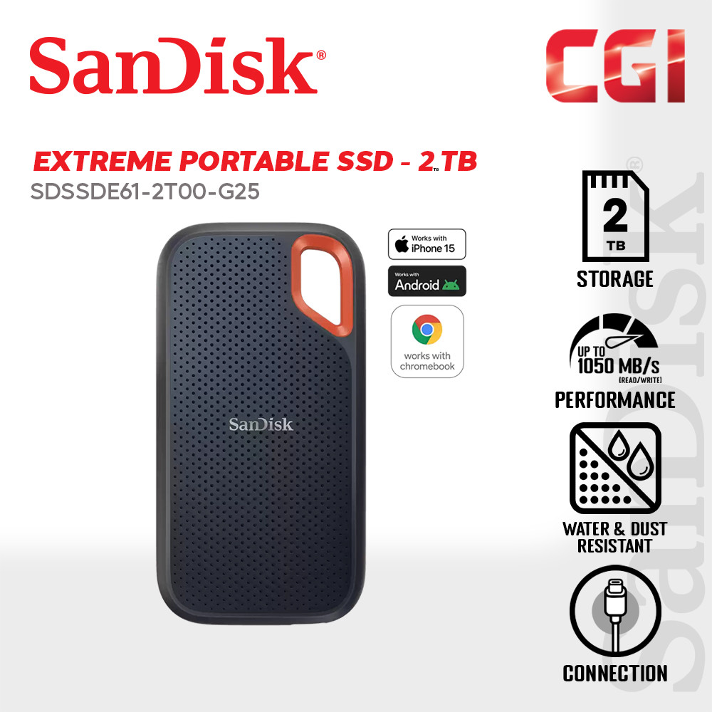 Sandisk 2TB 1050MB/s USB 3.2 Portable Extreme SSD - Black (SDSSDE61-2T00-G25)
