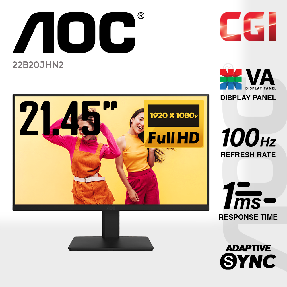 AOC 21.45" 22B20JHN2 VA FHD Adaptive Snyc 100Hz 1ms 3-Sided Frameless Monitor