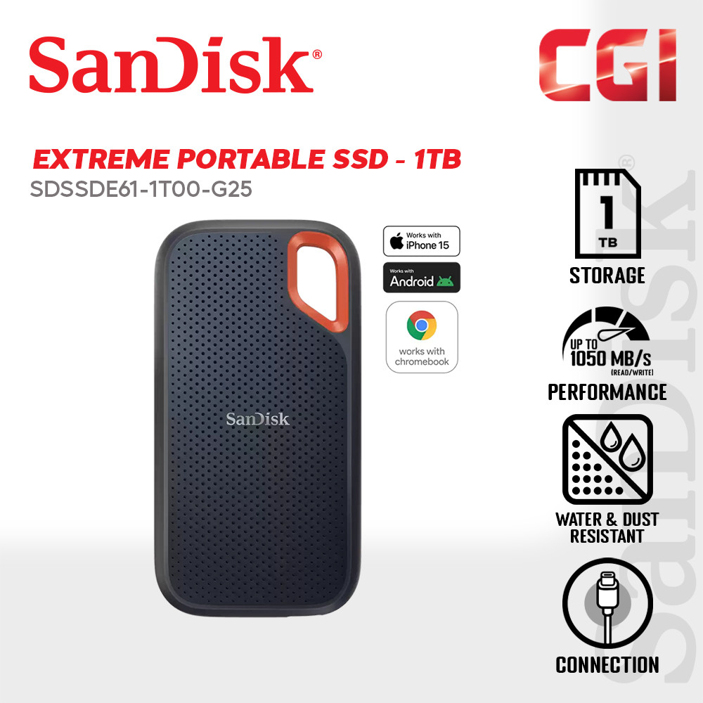Sandisk 1TB 1050MB/s USB 3.2 Portable Extreme SSD - Black (SDSSDE61-1T00-G25)