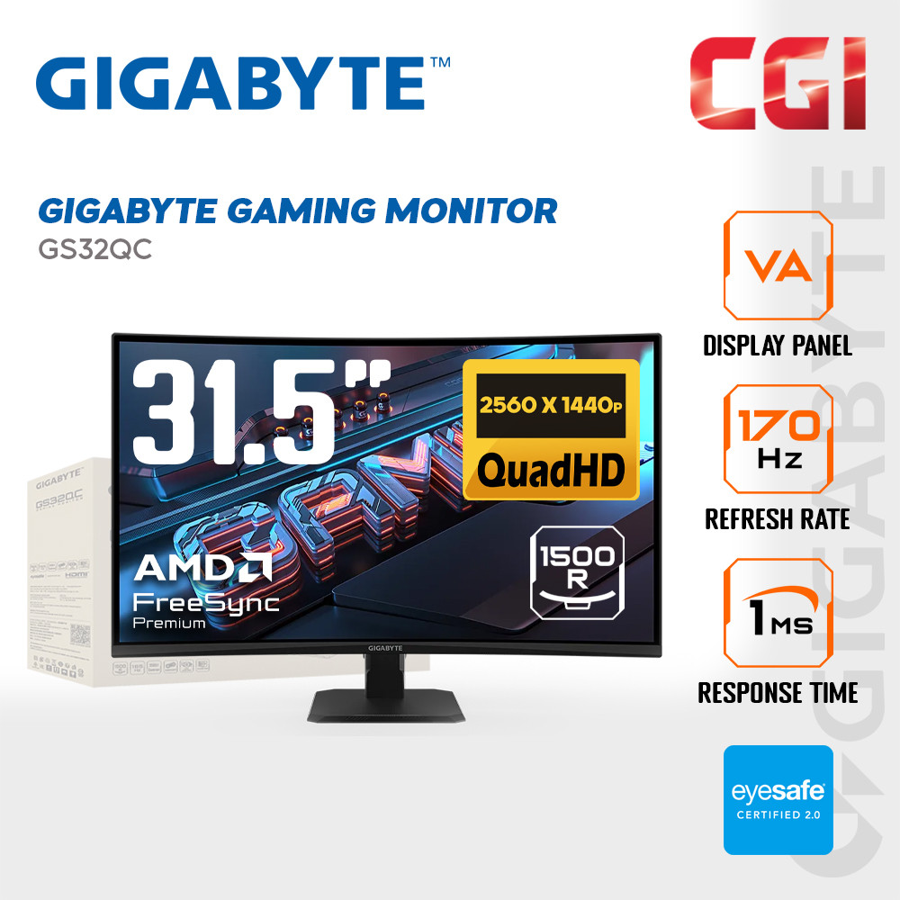 Gigabyte 31.5" GS32QC Superspeed VA QHD Freesync Premium Adaptive Sync 165Hz 1ms Curved Gaming Monitor