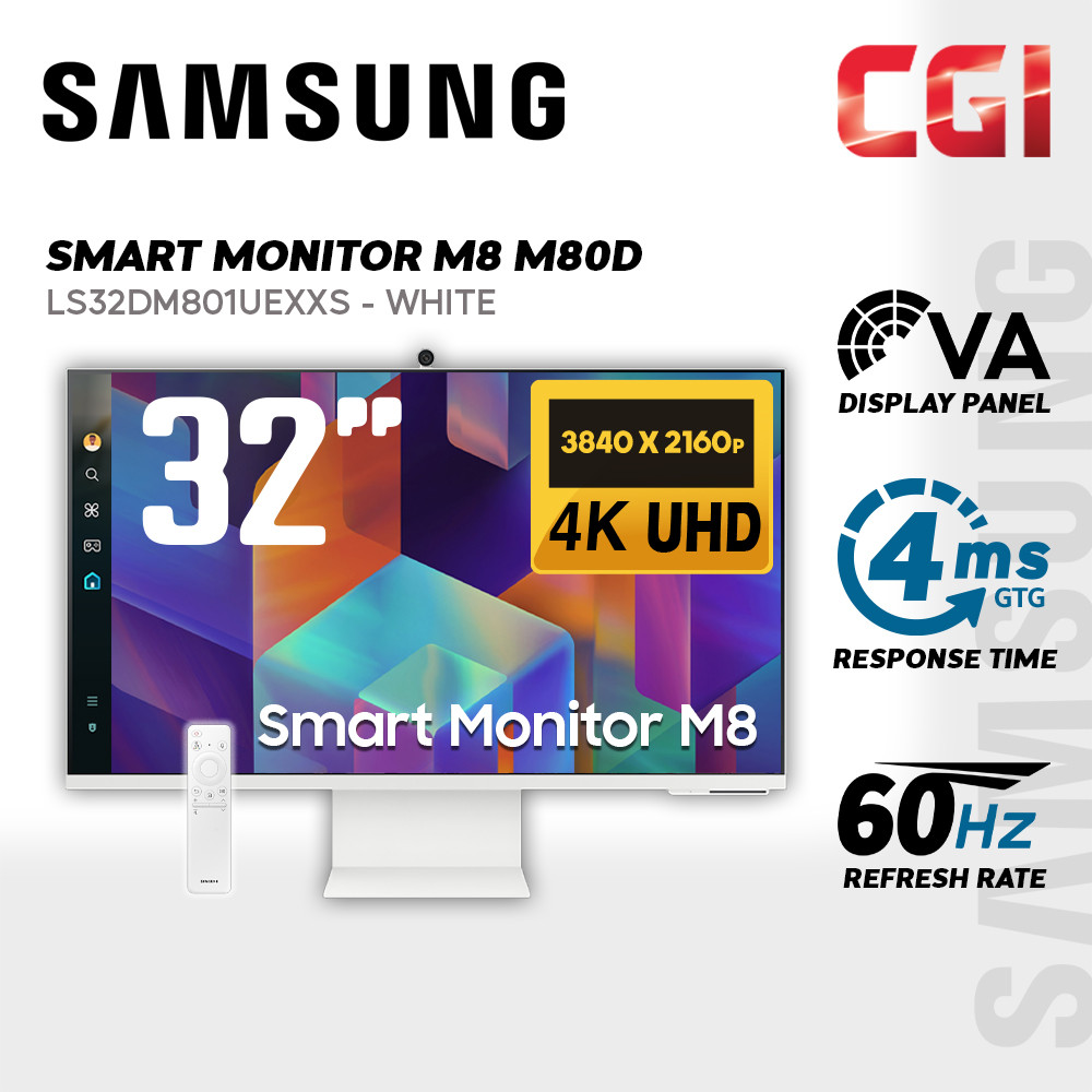 Samsung 32" M8 LS32DM801UEXXS VA Ai Upscaling 4K 60Hz 4ms HDR10+ Tizen Adaptive Sound Pro Ergonomic Smart Monitor with Camera