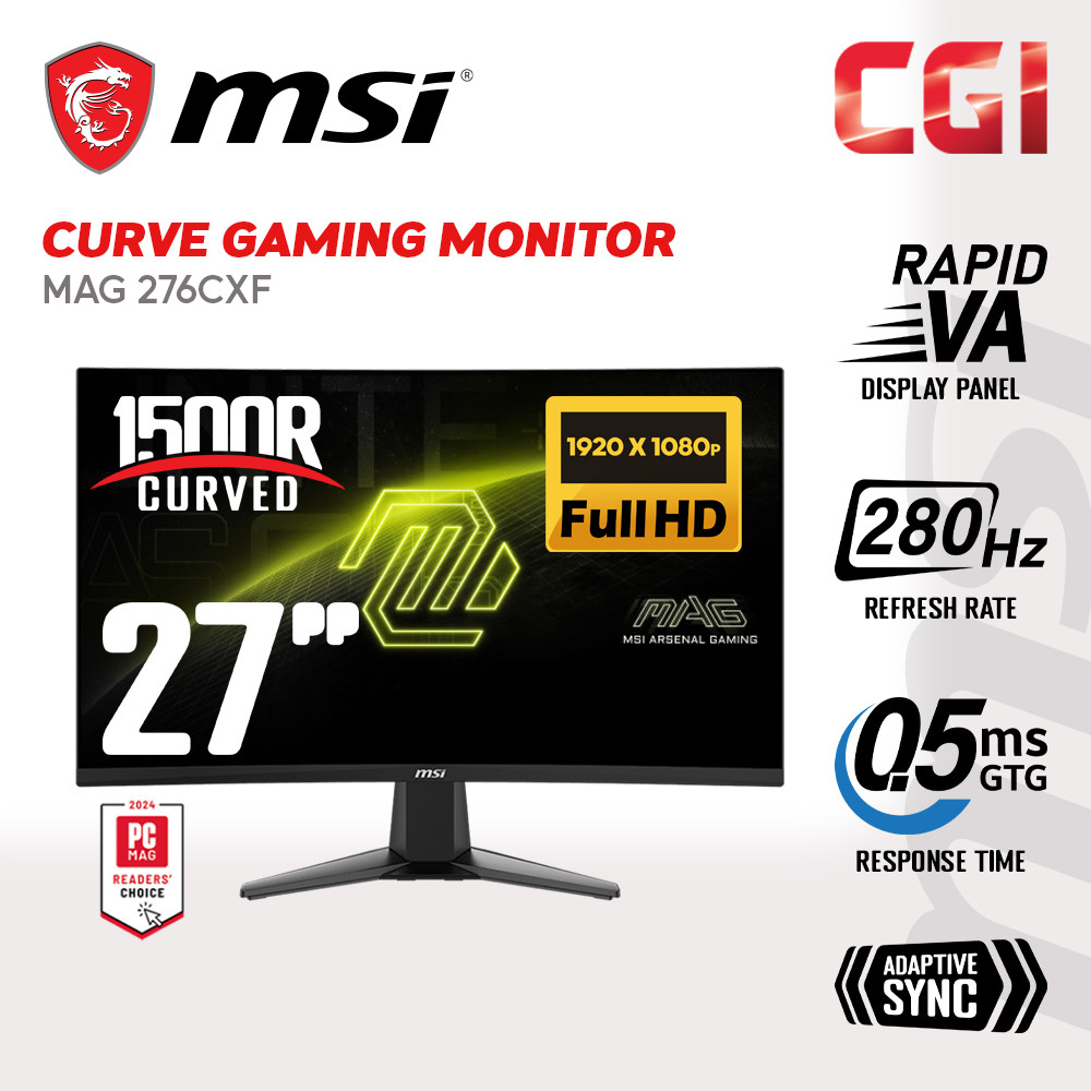 MSI 27" MAG 276CXF Rapid VA FHD Adaptive Sync 280Hz 0.5ms Ai Vision Frameless Curved Gaming Monitor