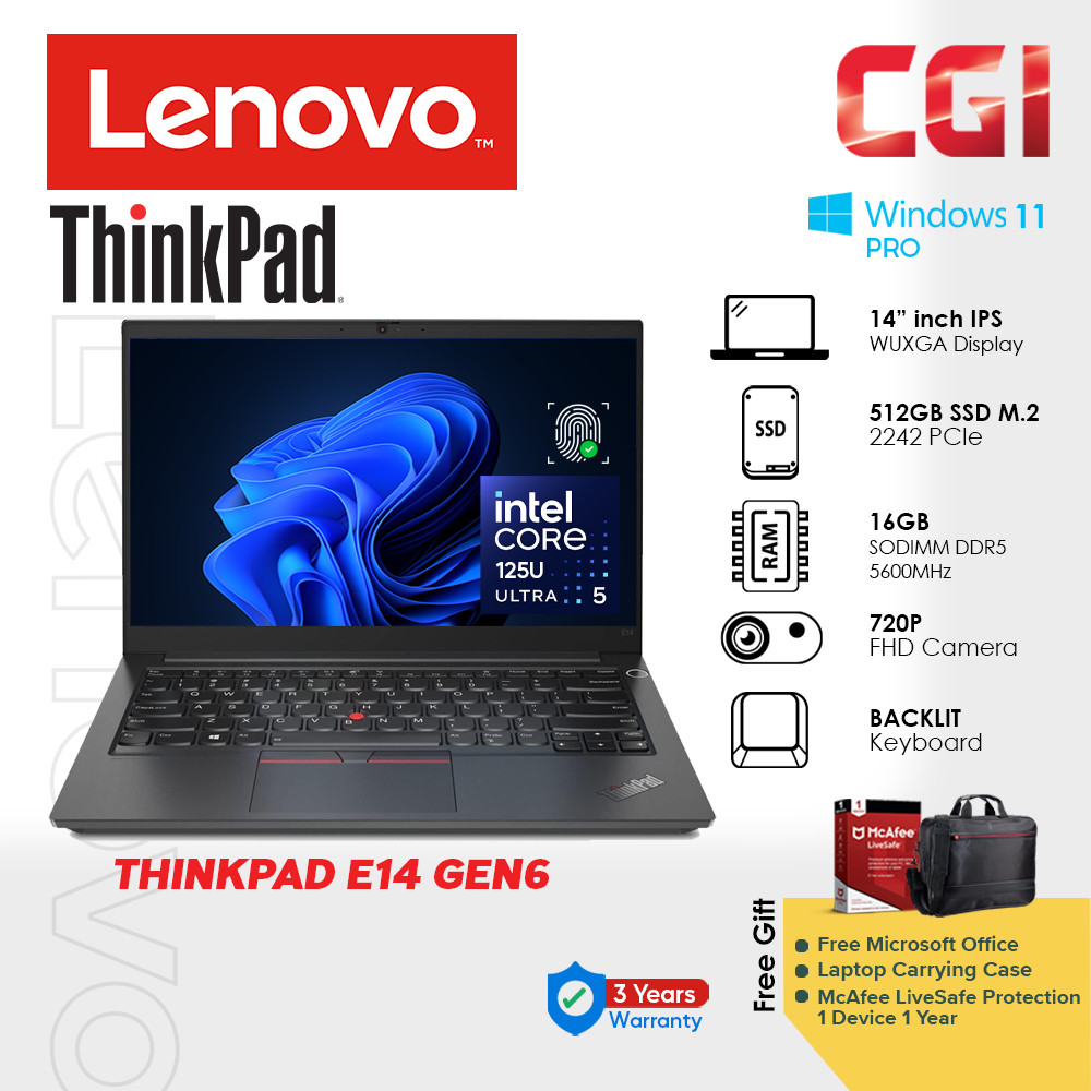 Lenovo 14" Thinkpad E14 Gen 6 ULT5 125U 16GB DDR5 512GB Win11Pro WUXGA IPS with Office 3Y Onsite