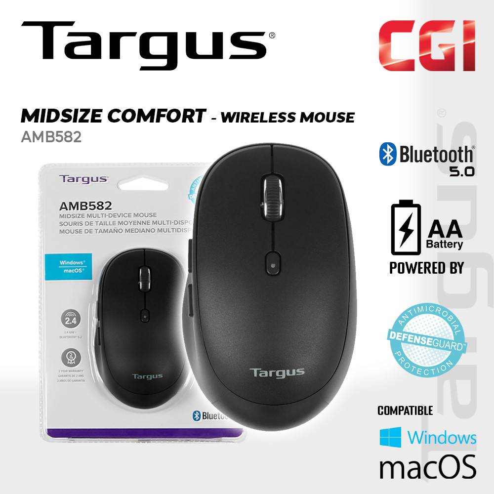 Targus AMB582 Midsize Comfort Multi-Device Antimicrobial Wireless Mouse (Black)