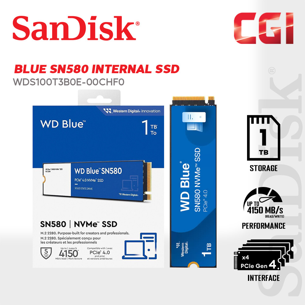Western Digital 1TB Blue SN580 4150MB/s NVMe SSD - WDS100T3B0E-00CHF0