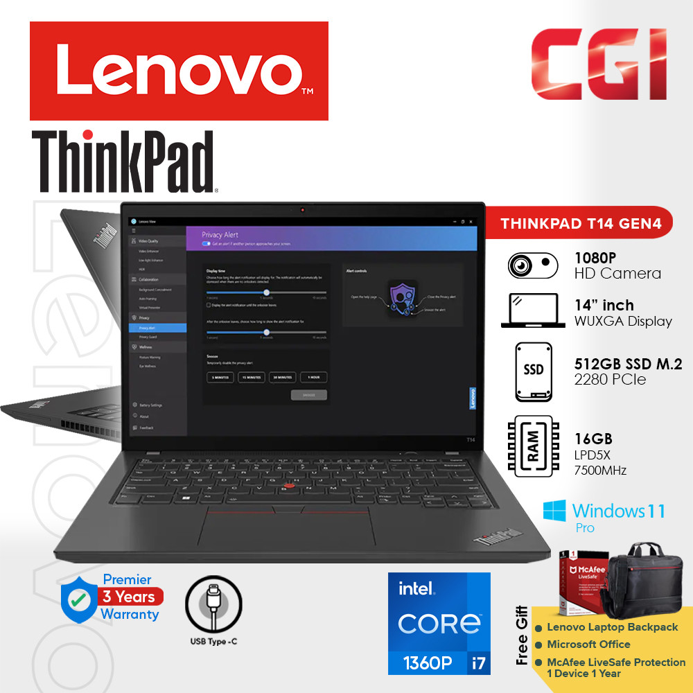 Lenovo 14" Thinkpad T14 Gen 4 i7-1360P MX550 16GB LPD5X 512GB W11P WUXGA IPS With Office 3Y Onsite