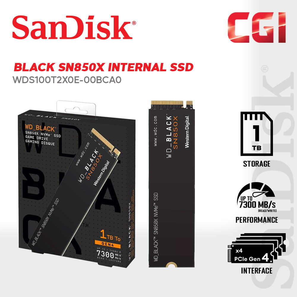 Western Digital 1TB Black SN850X 7300MB/s NVMe SSD PCIe Gen 4 w/o Heatsink - WDS100T2X0E-00BCA0