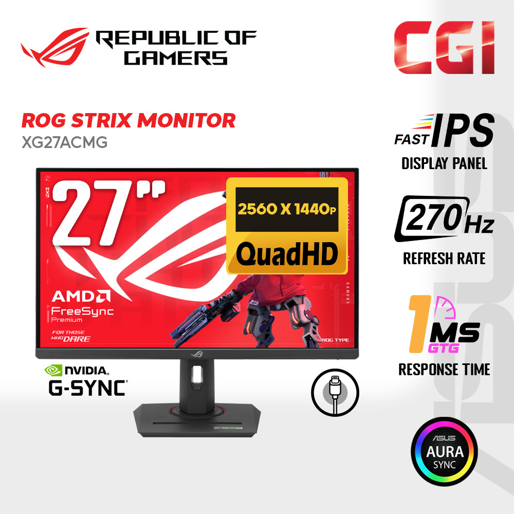 Asus 27" ROG Strix XG27ACMG Fast IPS QHD HDR400 G-Sync Freesync Premium 270Hz 1ms Aura Sync USB-C Gaming AI Ergonomic Gaming Monitor