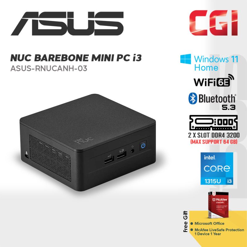Asus NUC RNUC13ANHi30000 Intel i3-1315U Integrated Graphics Win11Home with Office Tall Case Mini PC