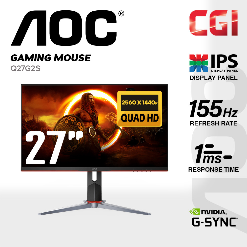 AOC 27" Q27G2S IPS QHD G-Sync 155Hz 1ms Ultra Slim Ergonomic Gaming Monitor
