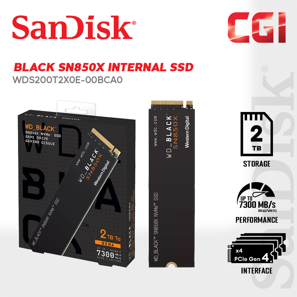 Western Digital 2TB Black SN850X 7300MB/s NVMe SSD PCIe Gen 4 w/o Heatsink - WDS200T2X0E-00BCA0