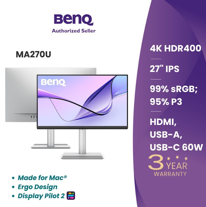 BenQ 27" MA270U IPS 4K UHD HDR400 60Hz 5ms Built-In Speaker PD90W USB-C Ergonomic Monitor For Macbooks