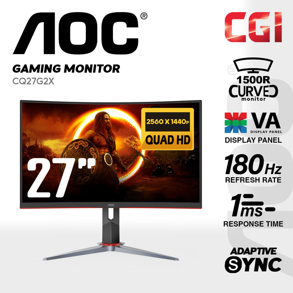 AOC 27" CQ27G2X VA QHD HDR10 Adaptive Sync 180Hz 1ms Ergonomic Curved Gaming Monitor
