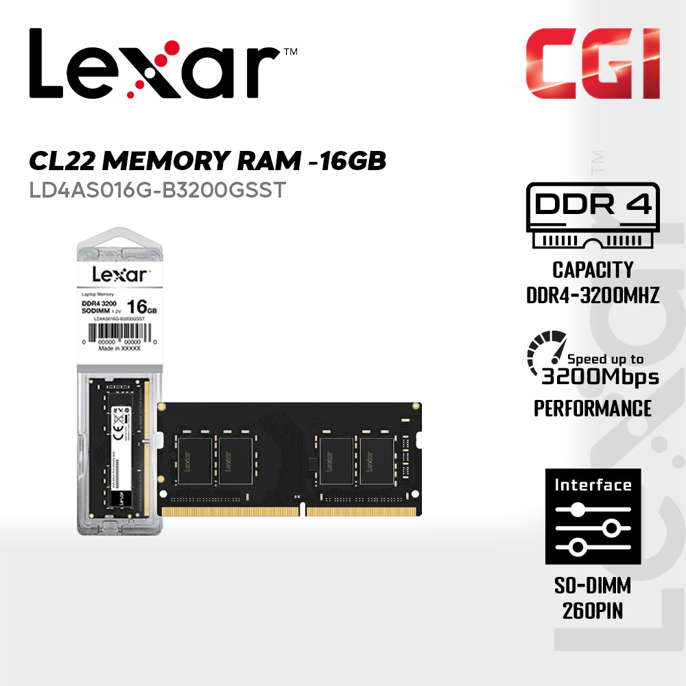 Lexar 16GB DDR4-3200 SODIMM 260 Pin CL22 Laptop Memory