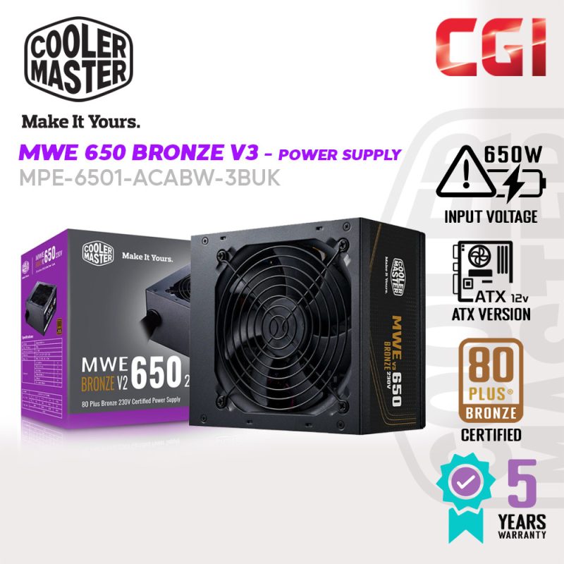 Cooler Master MWE 650 Bronze 80 Plus Certified V3 230V Power Supply PSU - MPE-6501-ACABW-3BUK