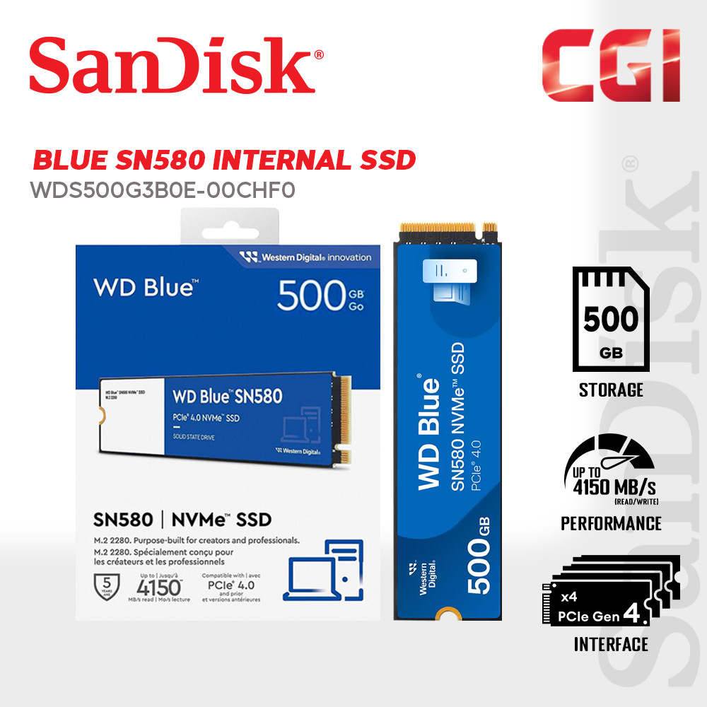 Western Digital 500GB Blue SN580 4000MB/s NVMe SSD - WDS500G3B0E-00CHF0