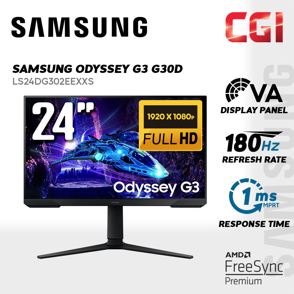 Samsung 24" Odyssey G3 G30D LS24DG302EEXXS VA FHD HDR10 Freesync 180Hz 1ms Ergonomic Borderless Gaming Monitor