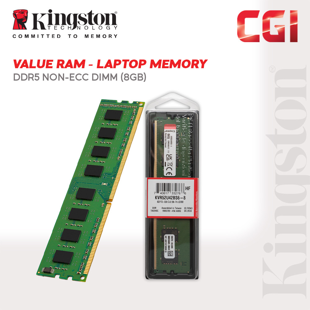 Kingston 8GB DDR5-5200MHz CL42 288-Pin DIMM Desktop Value RAM- KVR52U42BS6-8