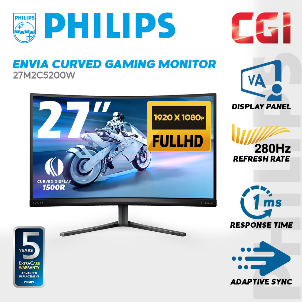 Philips 27" 27M2C5200W Evnia 5000 Fast VA FHD HDR10 Adaptive Sync 280Hz 0.3ms Compact ErgoBase Curved Gaming Monitor