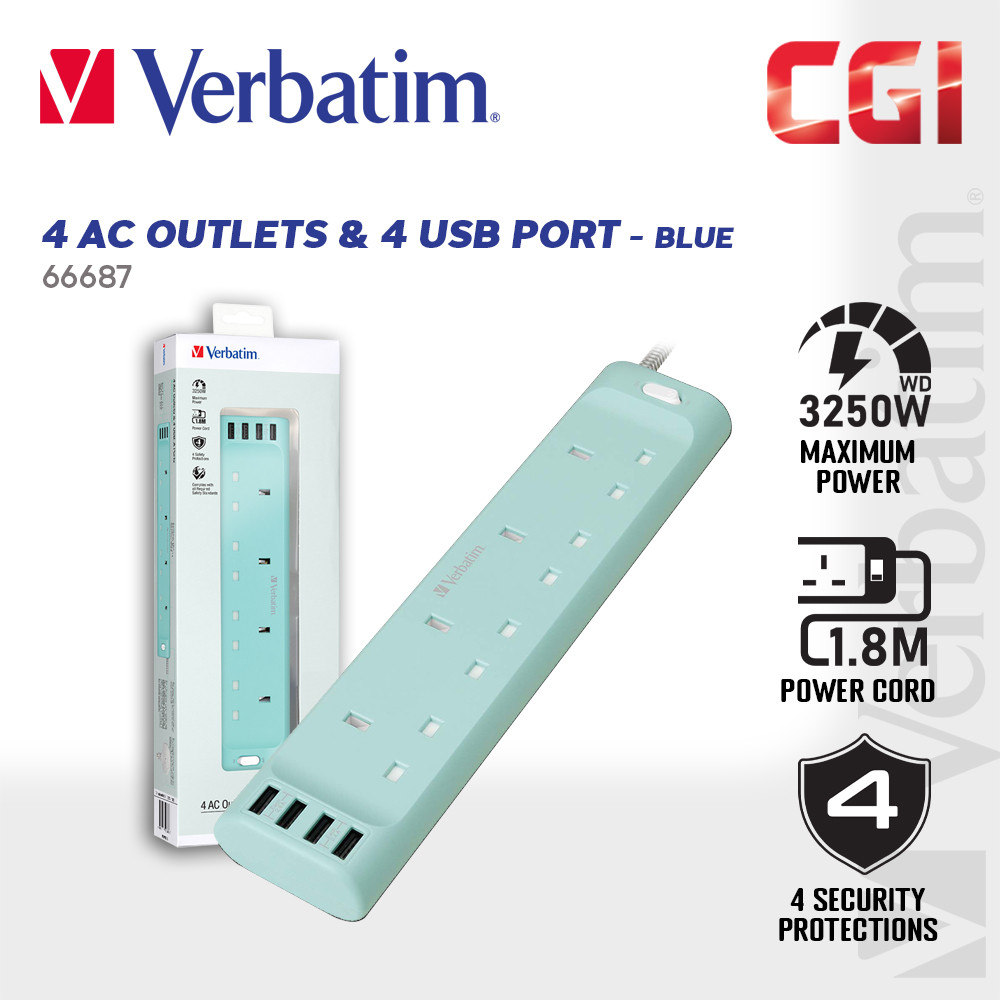 Verbatim 13A 4 AC Outlet 4 USB-A Powers Power Strip Surge Protector (UK)