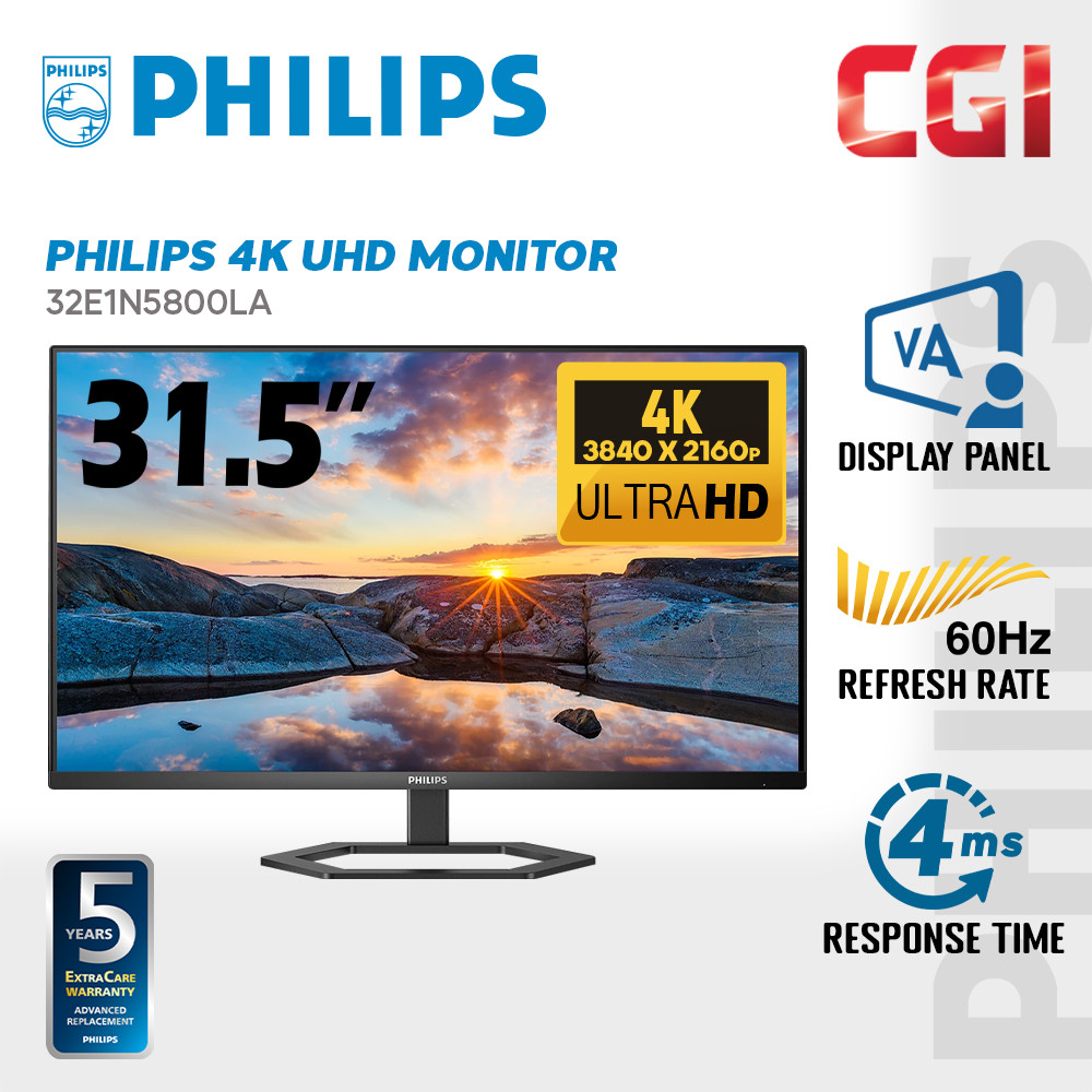 Philips 31.5" 32E1N5800LA VA 4K UHD HDR10 Built-In Speaker Ergonomic Work and Gaming Monitor
