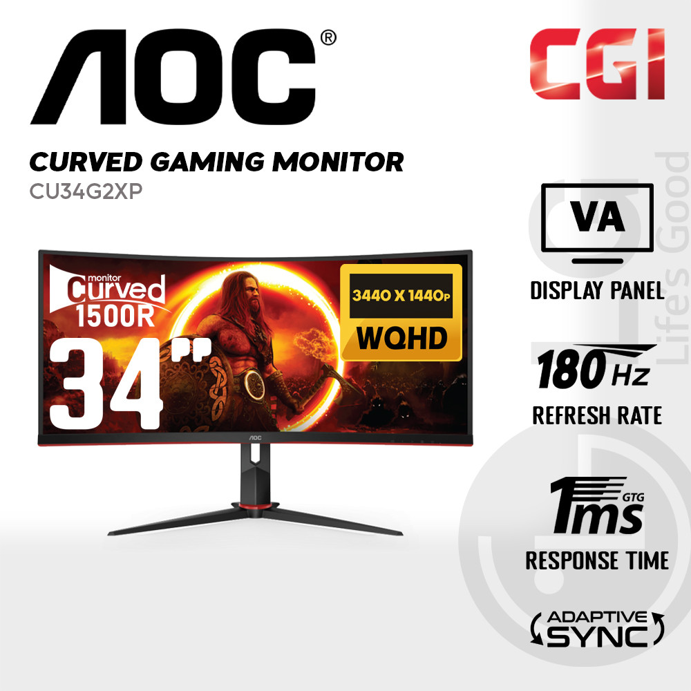 AOC 34" CU34G2XP VA WQHD HDR400 Adaptive Sync 180Hz 1ms Ergonomic Curved Ultrawide Gaming Monitor